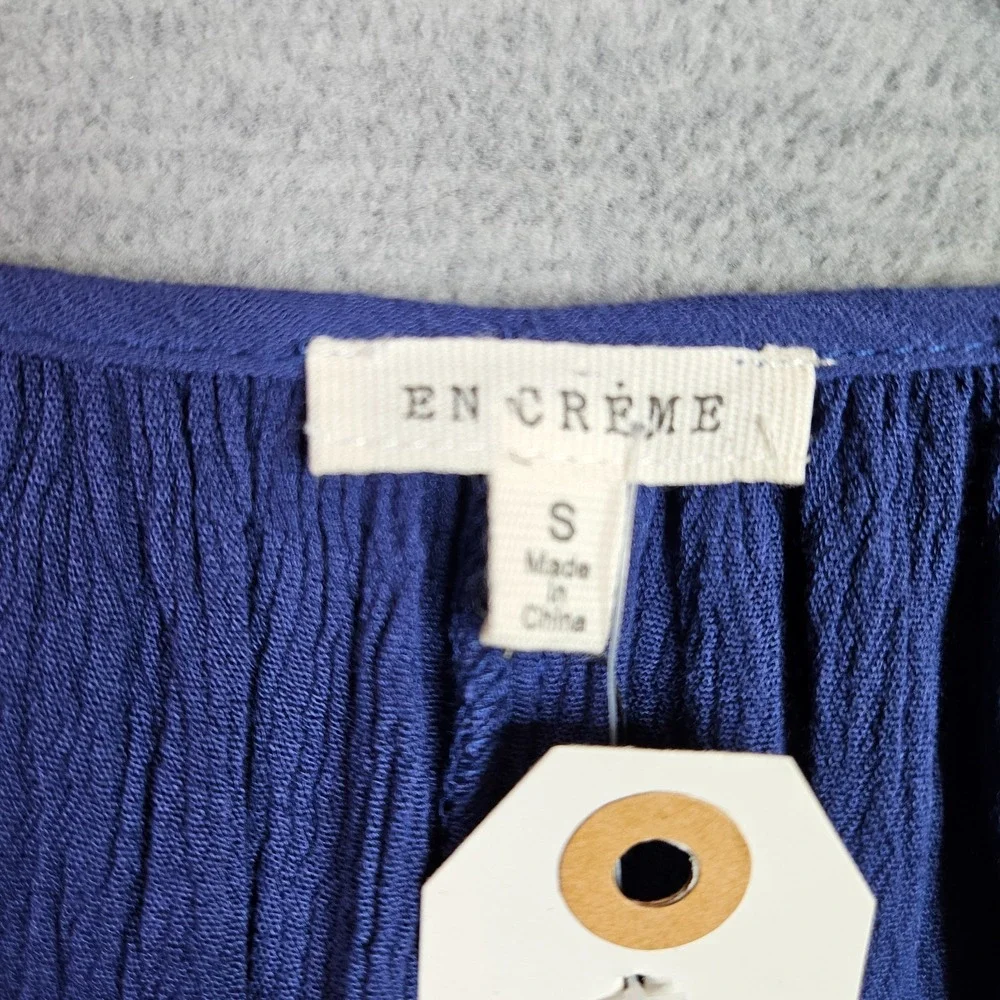 En Creme Women Sz S Blue Peasant Blouse Embroidered Tassel Tie Balloon Sleeve
